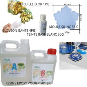 Kit de résine époxy 501 3k + moules silicon D 35x30c + Feuille d.or + Tine Blanc + Gloveon Gants en 5pis +Livraison gratuite