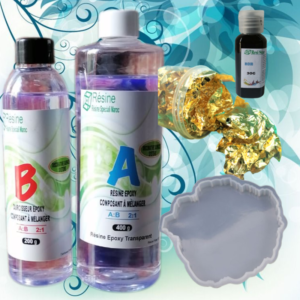 Kit de résine époxy transparente 600g + silicon D 11x10c + Feuille d.or + Tine Blanc + Gloveon Gants en 4pis +Livraison gratuite