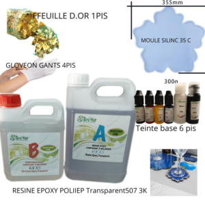 Kit de résine époxy transparente 3k + silicon D 35x30c + Feuille d.or + Teinte base+ Gloveon Gants en 4pis +Livraison gratuite